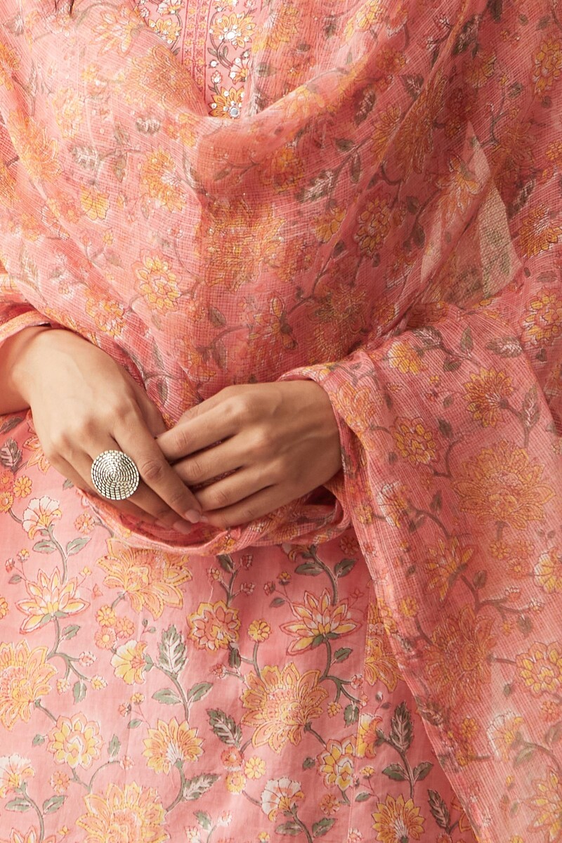 Peach Hand Block-Printed Kota Dupatta