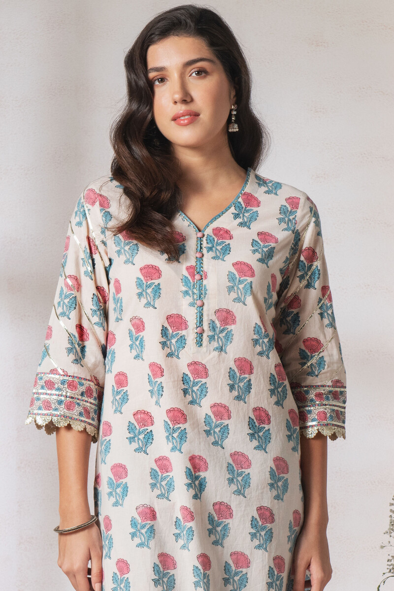 Off-White Block Printed Straight Cotton Kurta