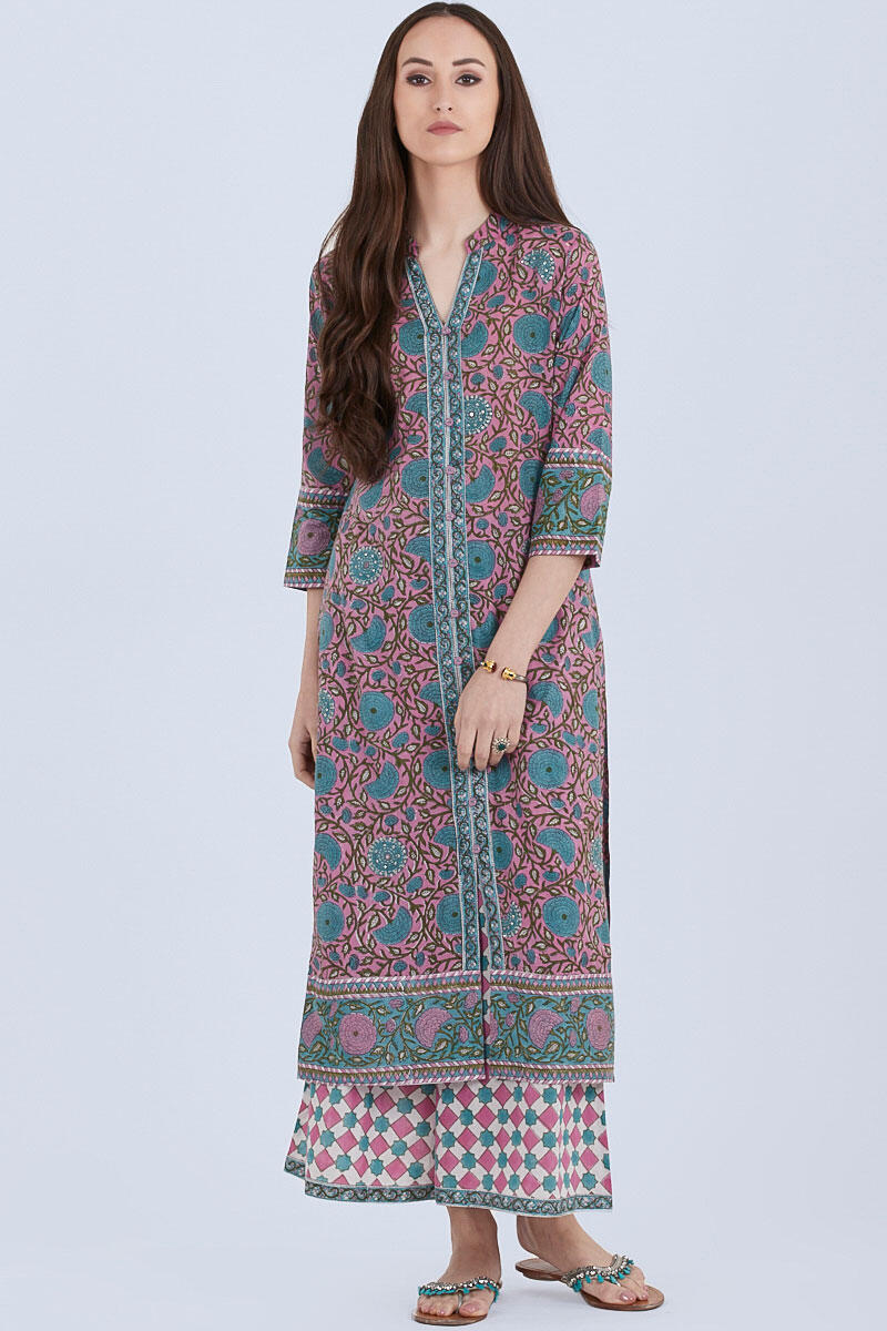 Green Block Printed Straight Cotton Kurta