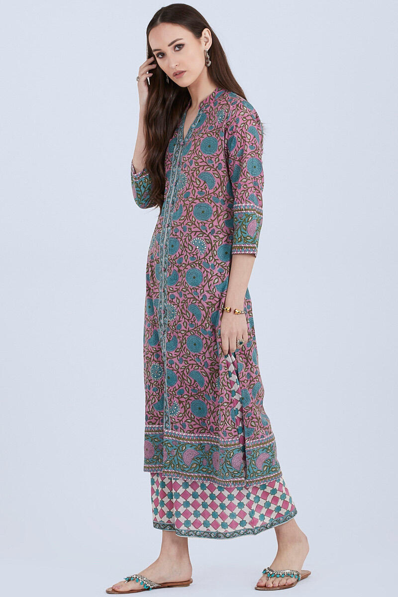 Green Block Printed Straight Cotton Kurta