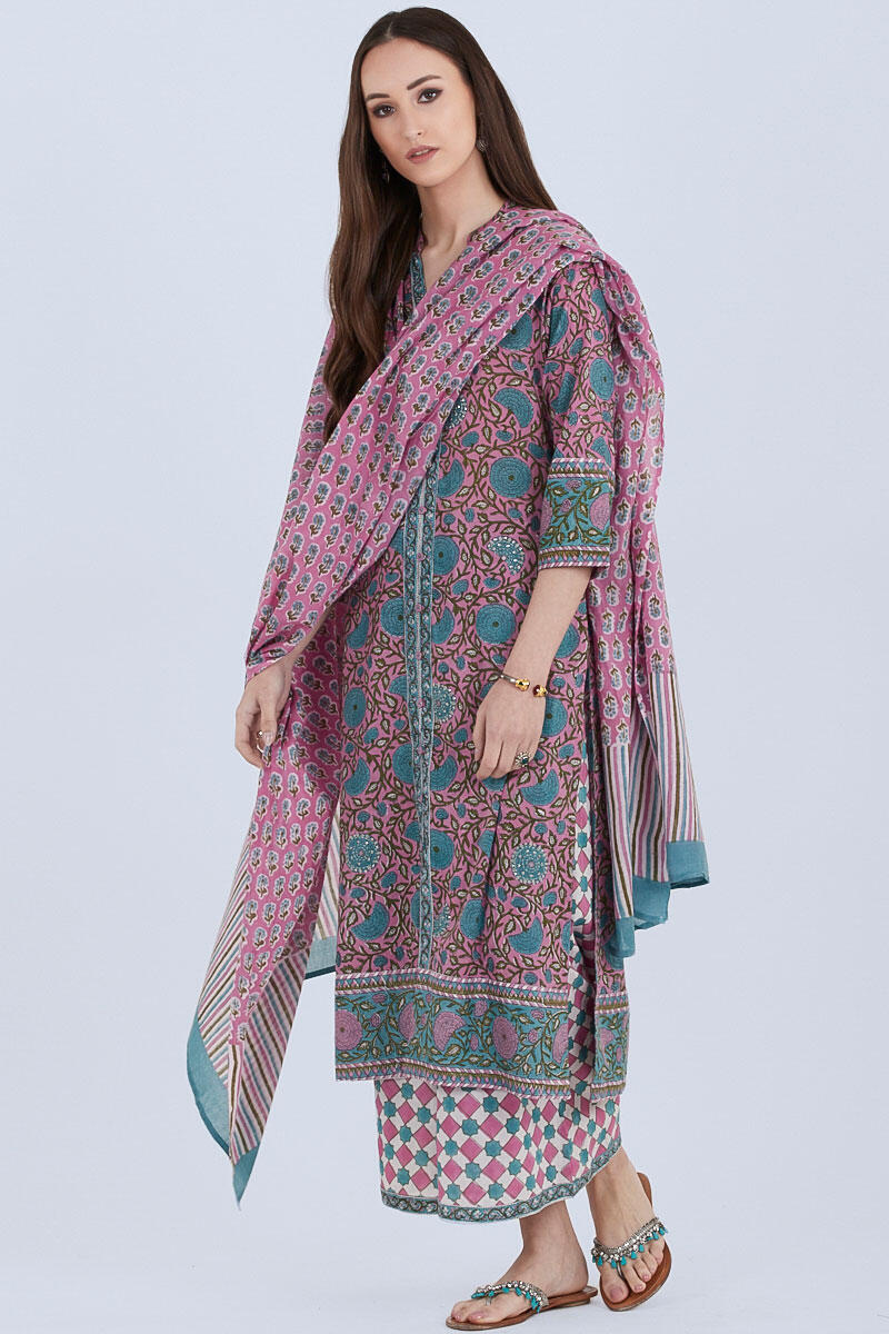 Green Block Printed Straight Cotton Kurta