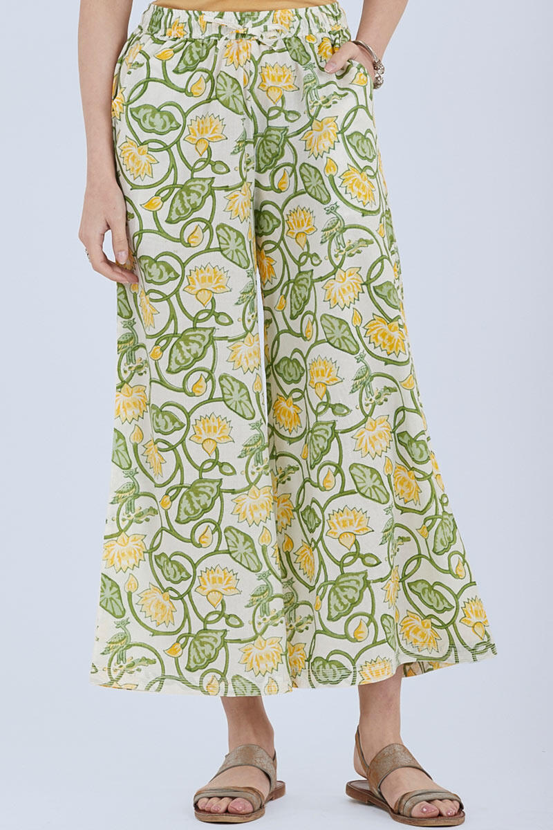 Green Block Printed Cotton Palazzo