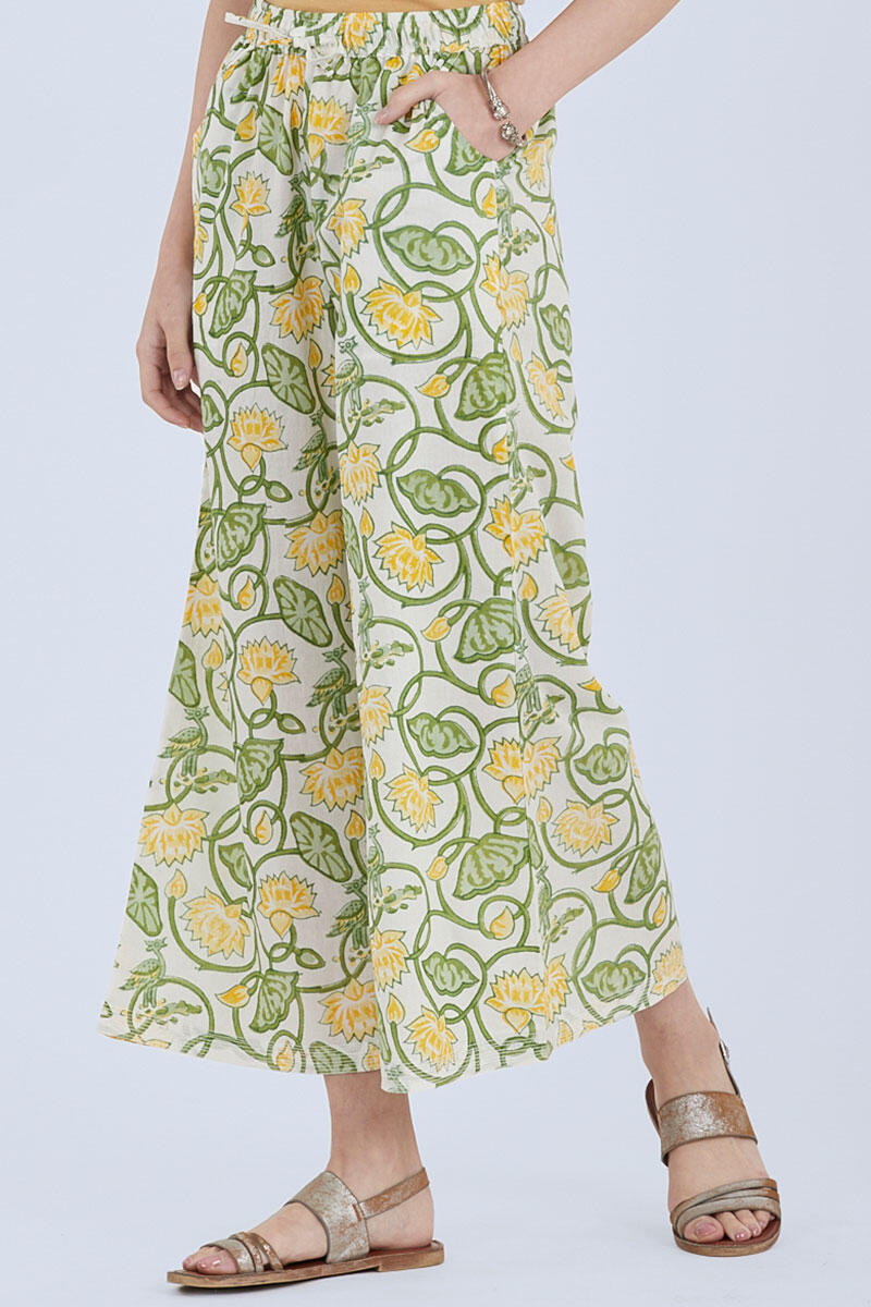 Green Block Printed Cotton Palazzo