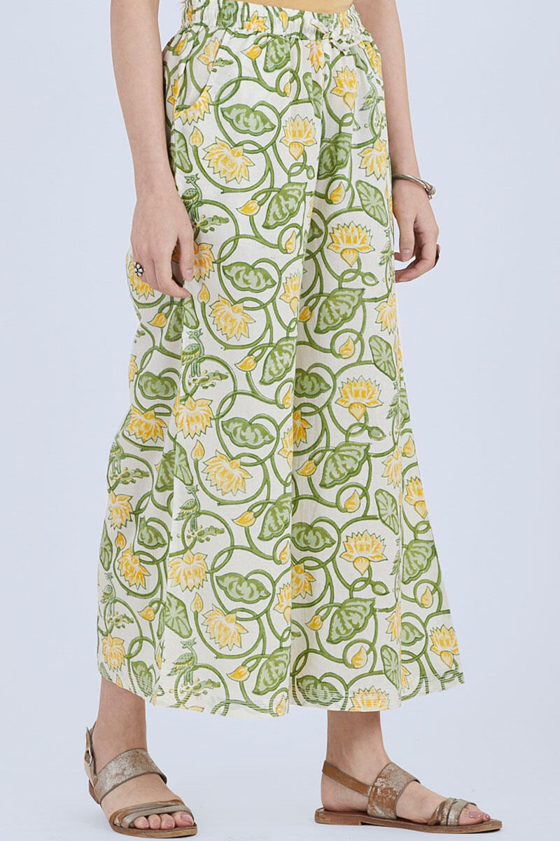 Green Block Printed Cotton Palazzo