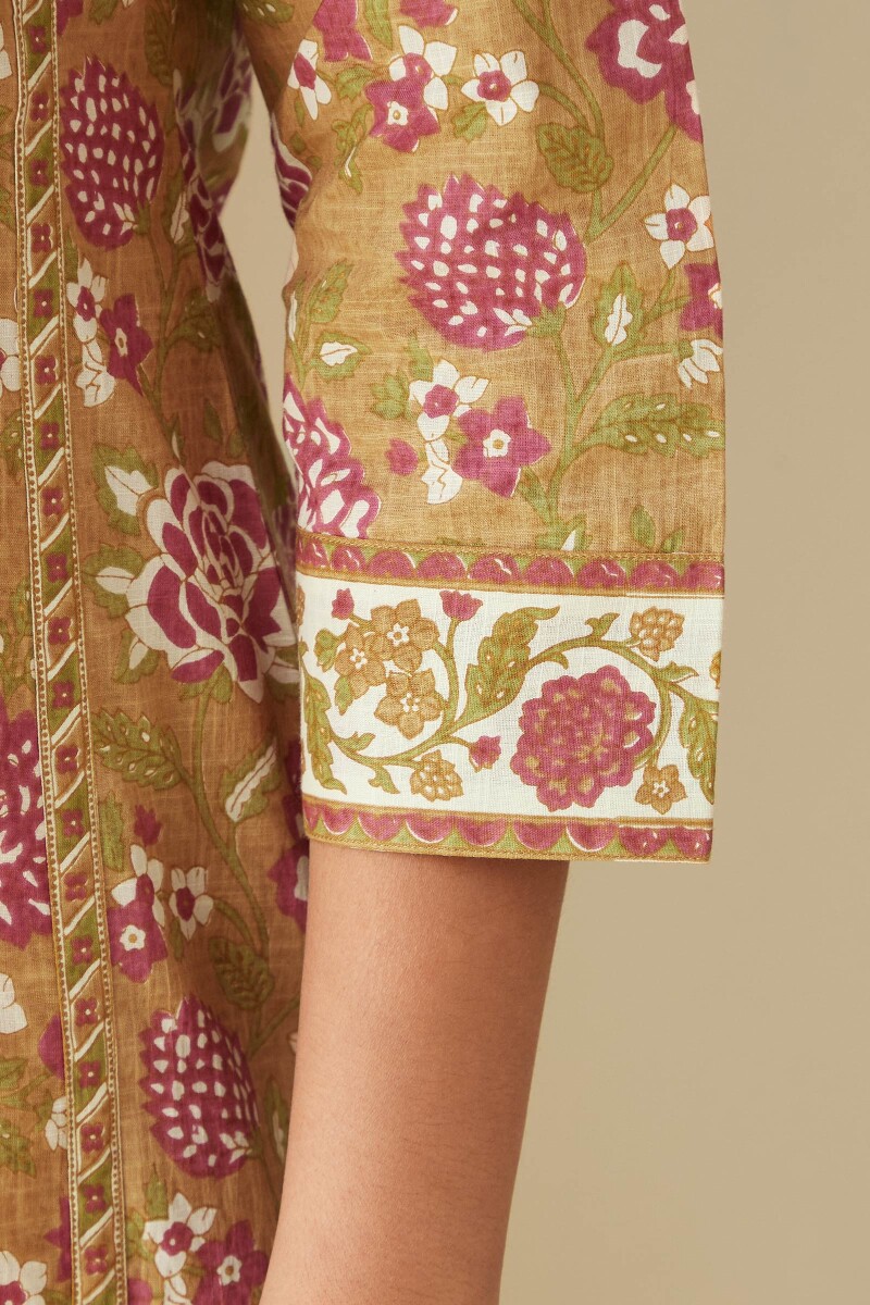 Mustard Hand-Printed Straight Cotton Slub Kurta