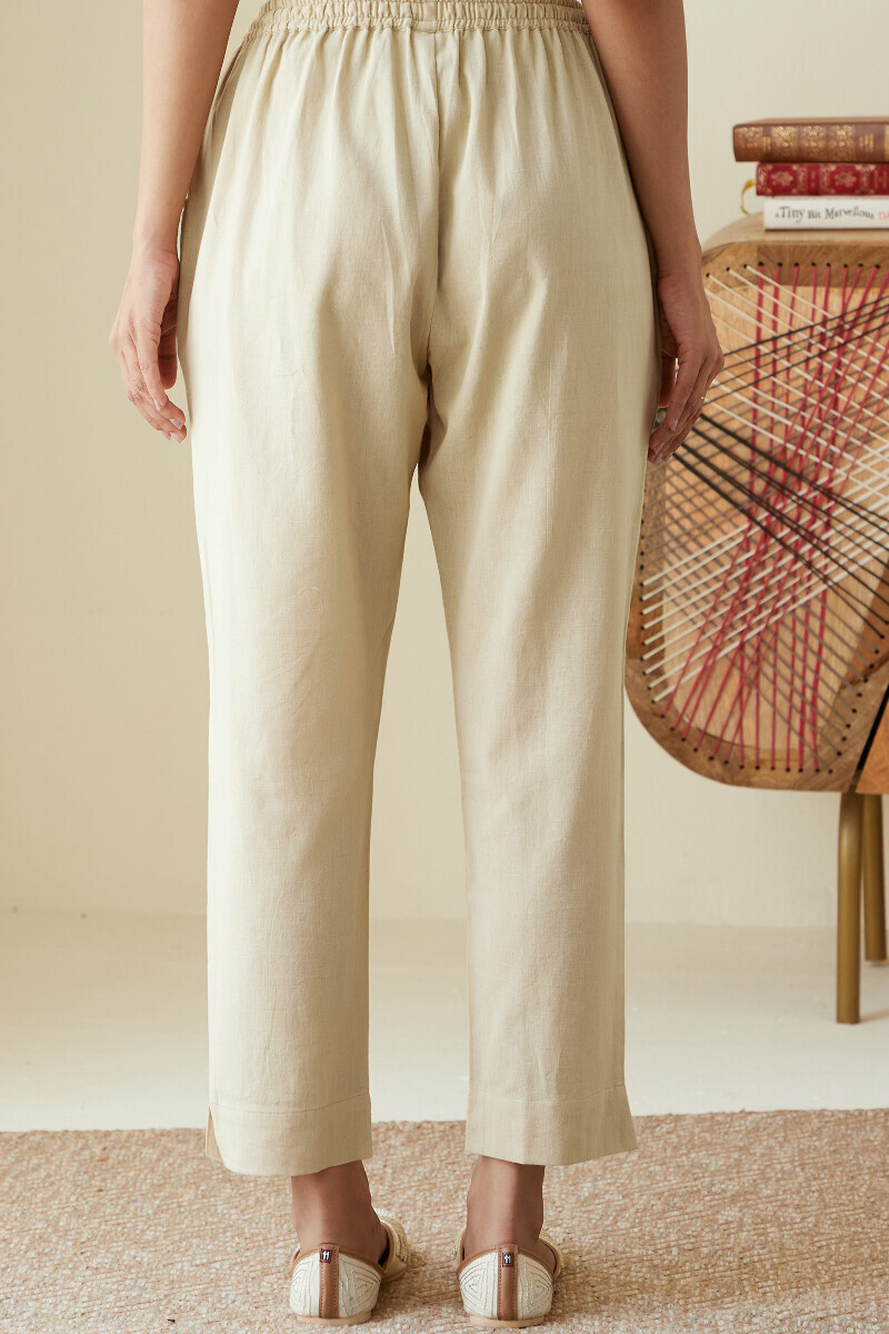 Beige Handcrafted Cotton Flax Narrow Pants