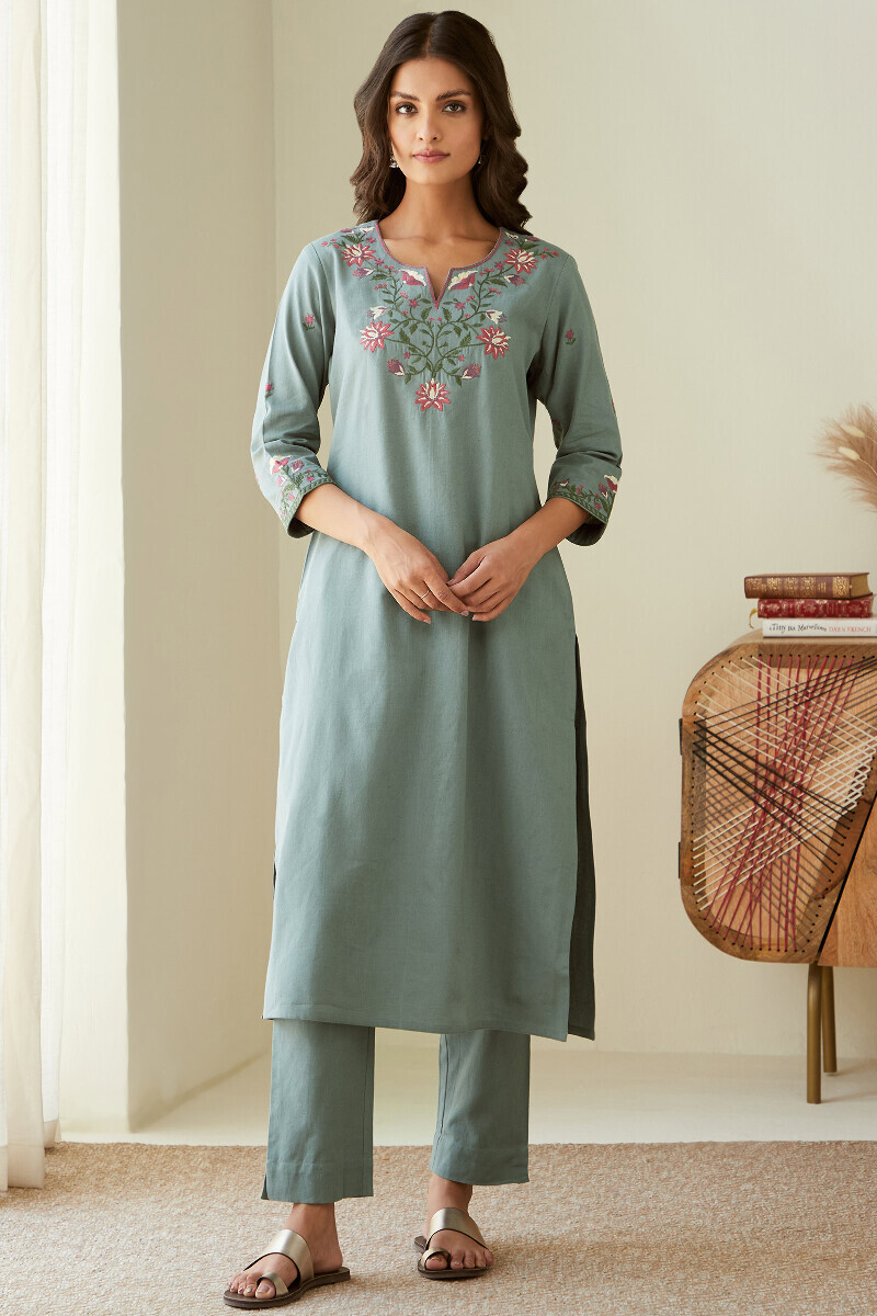 Blue Handcrafted Straight Cotton Flax Kurta