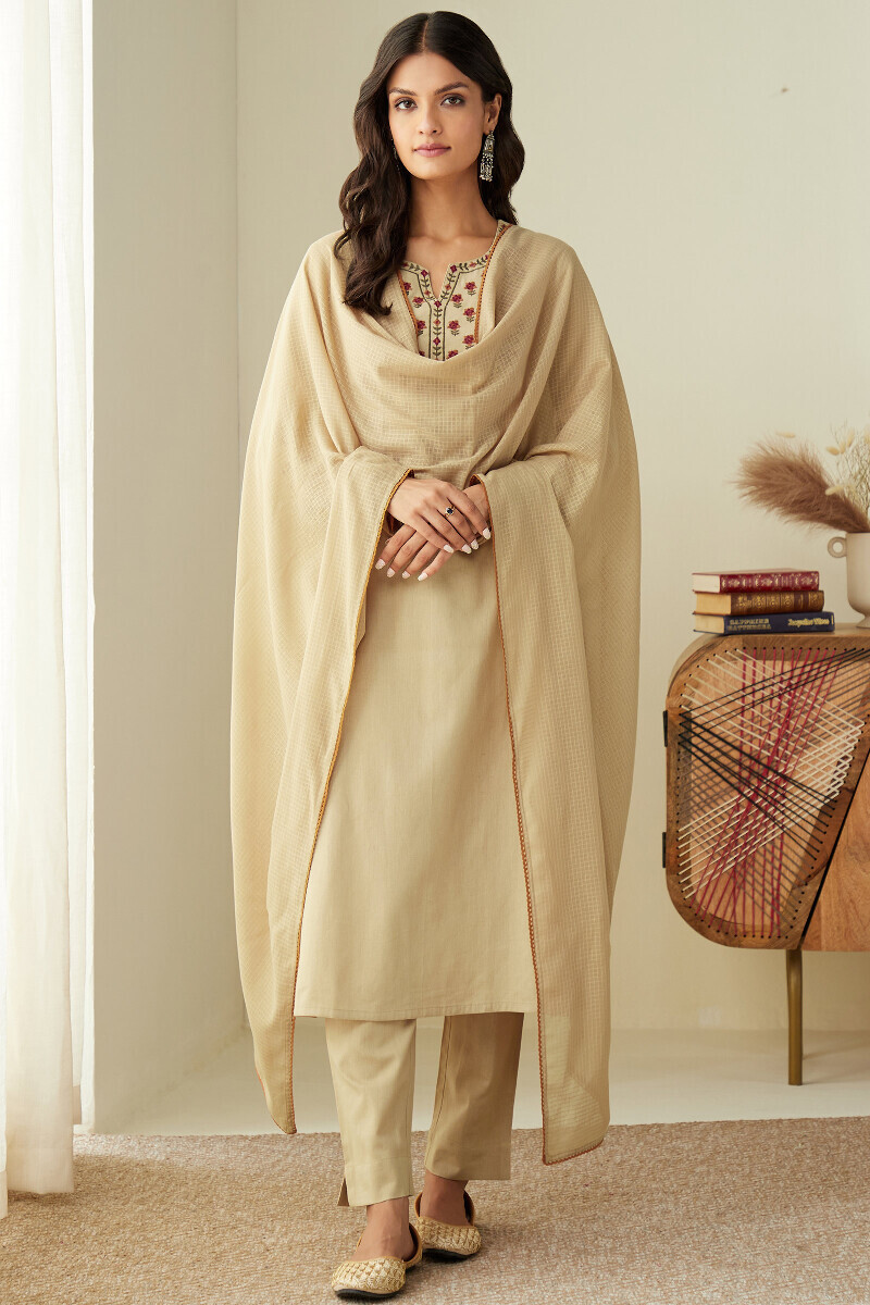 Beige Handcrafted Straight Cotton Flax Kurta