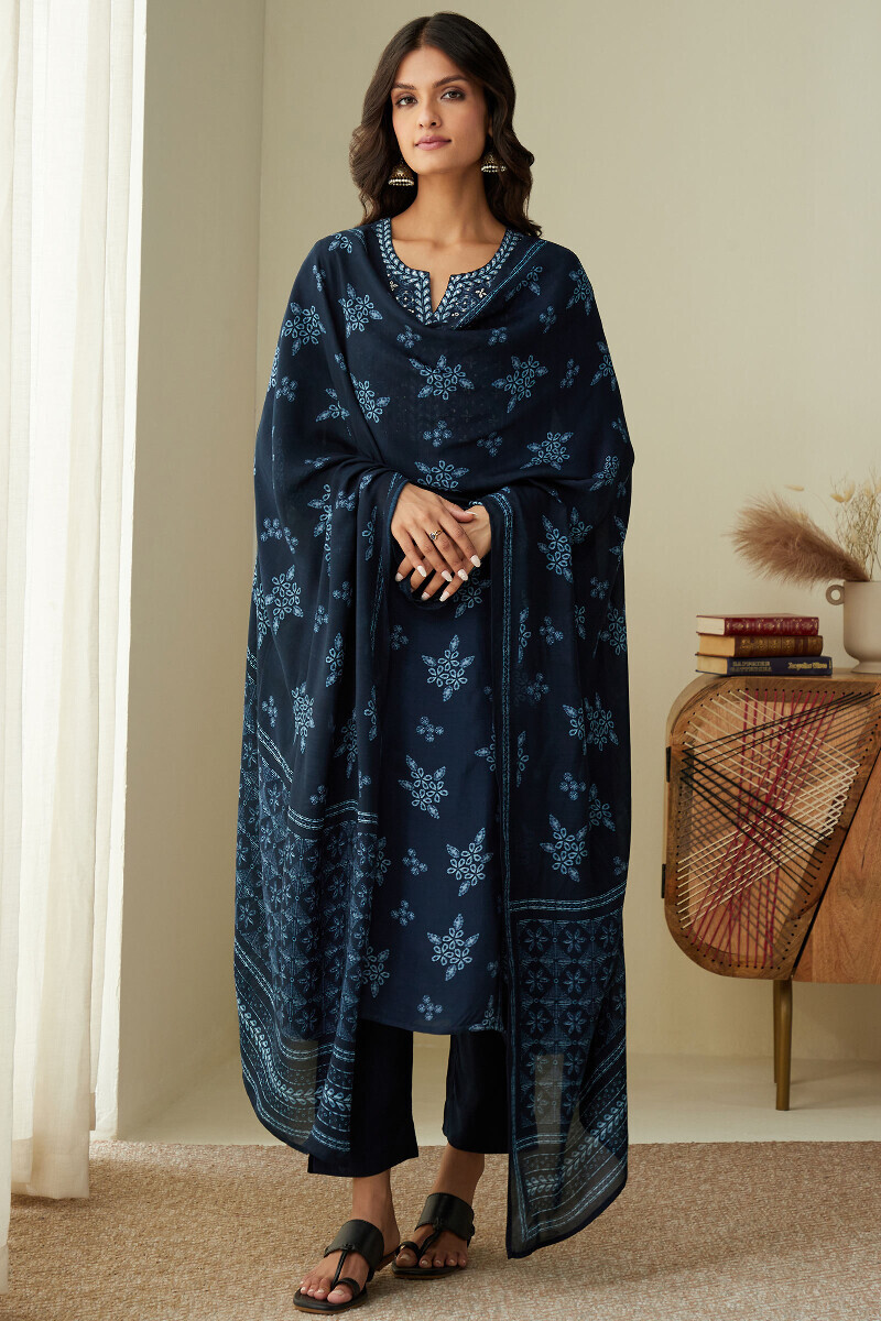 Blue Printed Straight Viscose Kurta