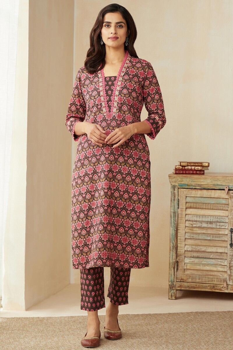 Brown Hand Printed Straight Cotton Kurta