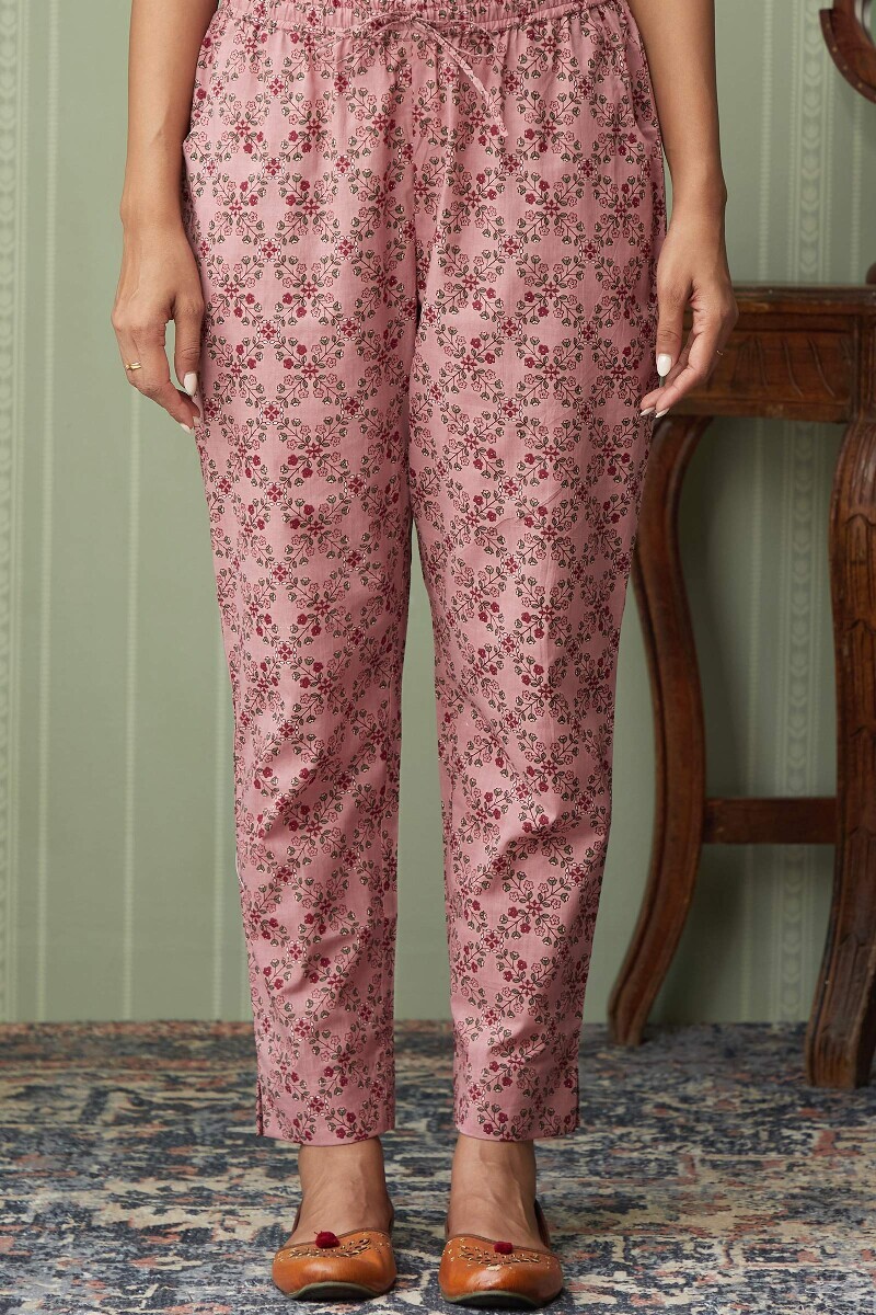 Pink Hand Printed Cotton Narrow Pants