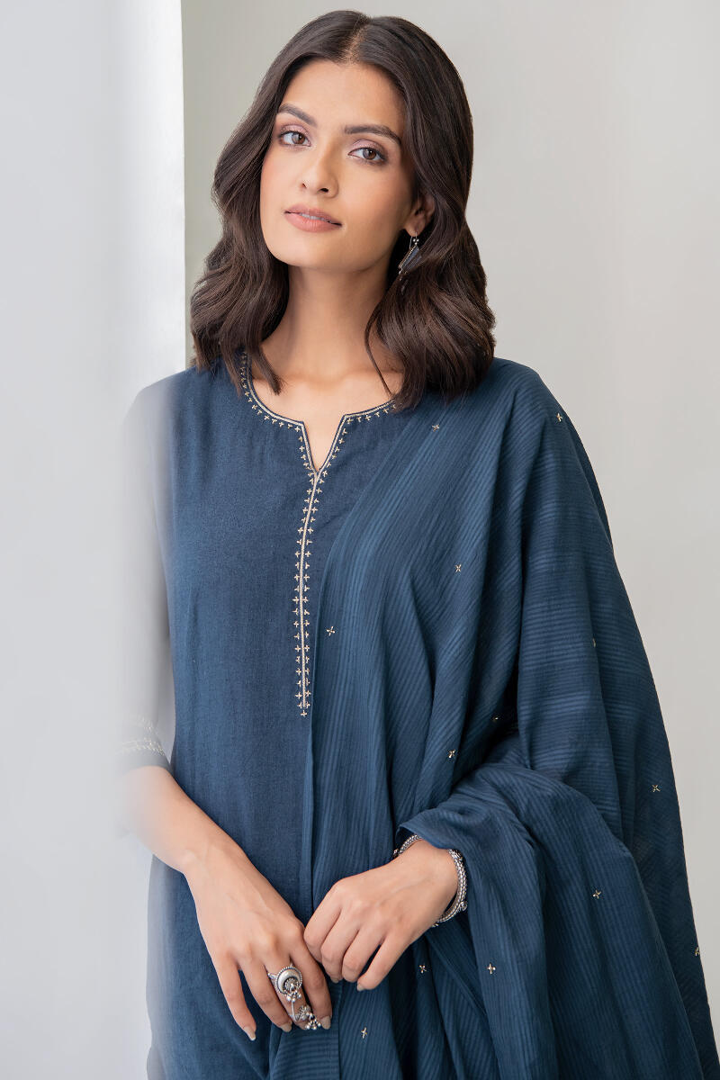 Blue Handcrafted Straight Cotton Kurta