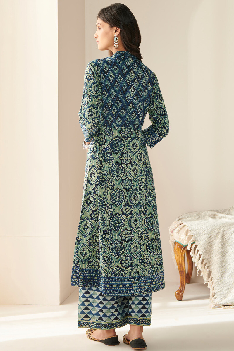 Green Hand Block Printed A-Line Cotton Kurta