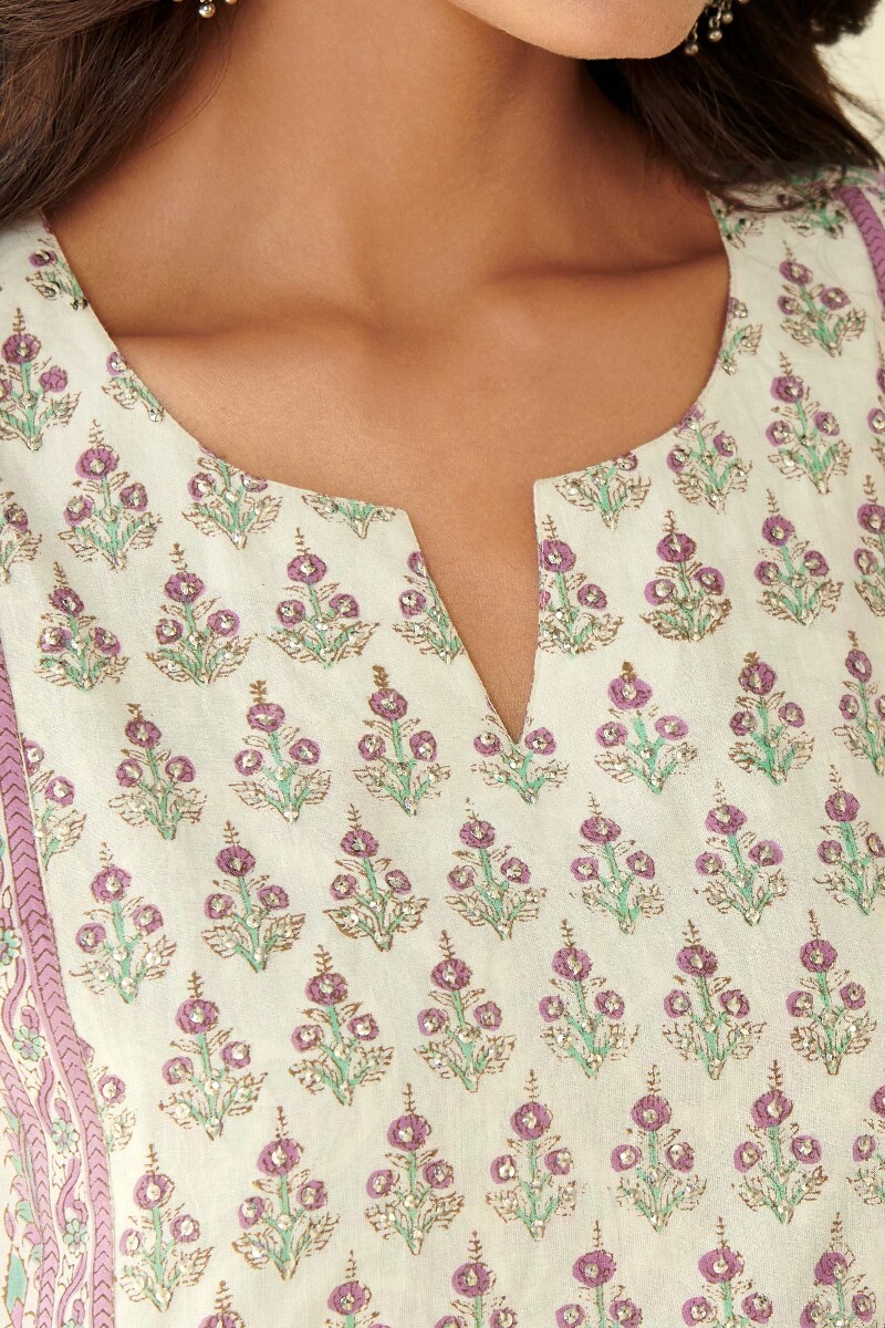 Pink Hand Block Printed A-Line Cotton Kurta