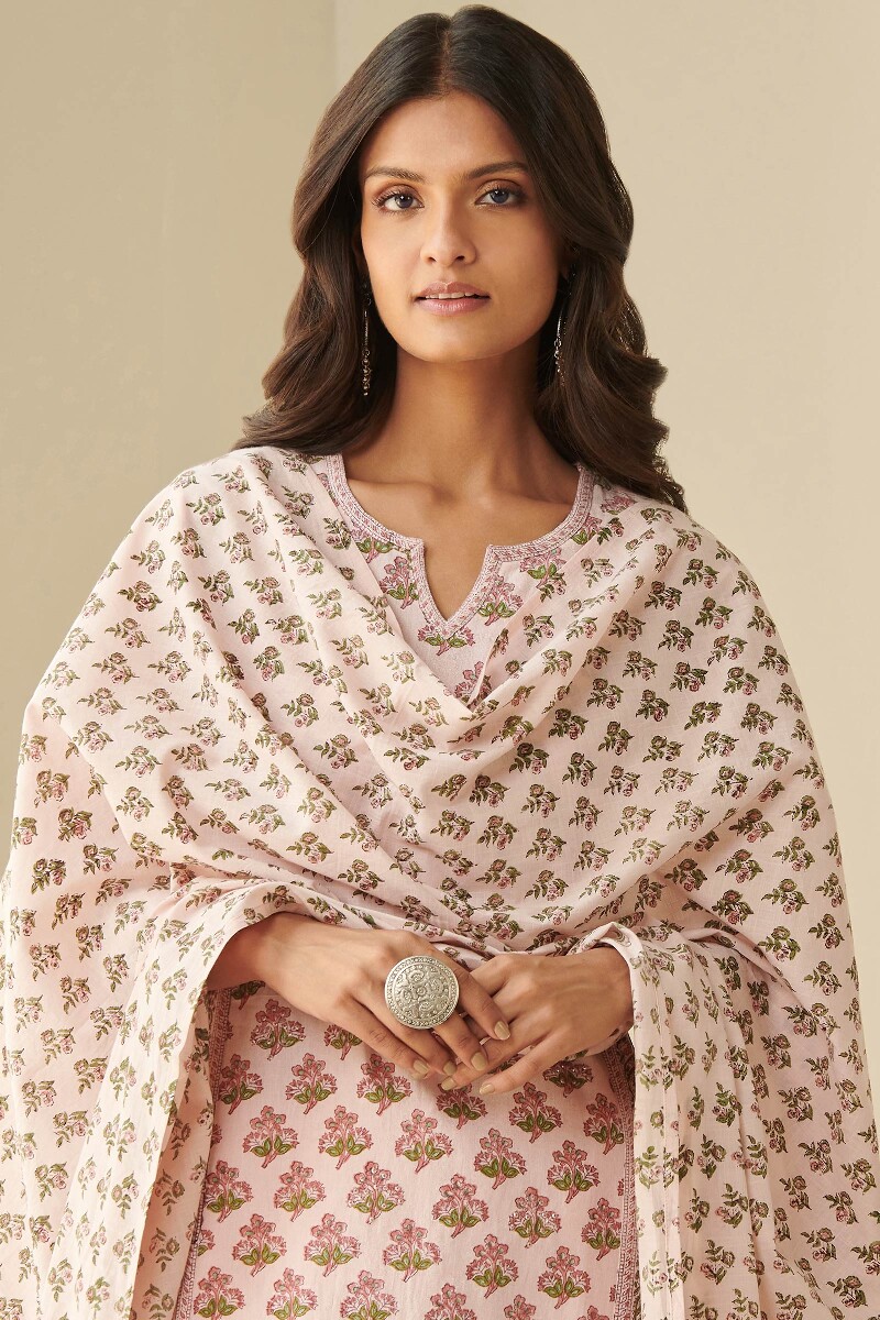 Pink Block Printed Cotton Slub Dupatta