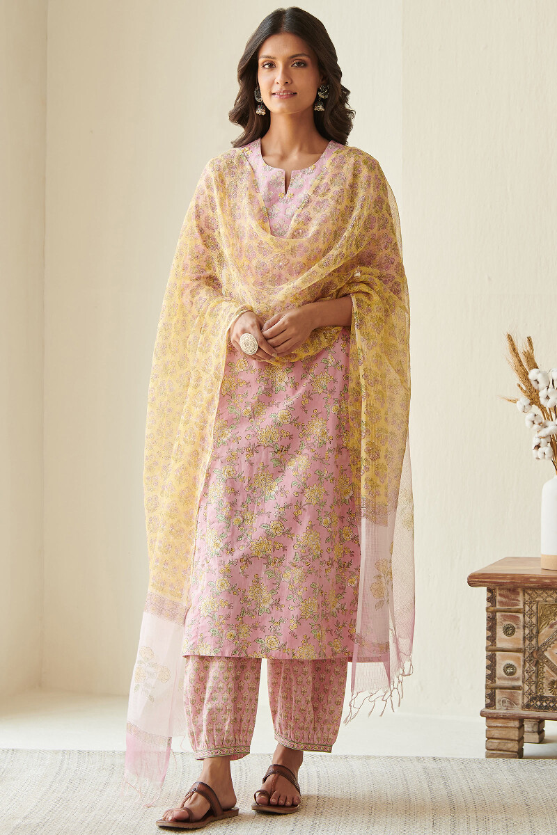 Pink Hand Block Printed Straight Cotton Kurta