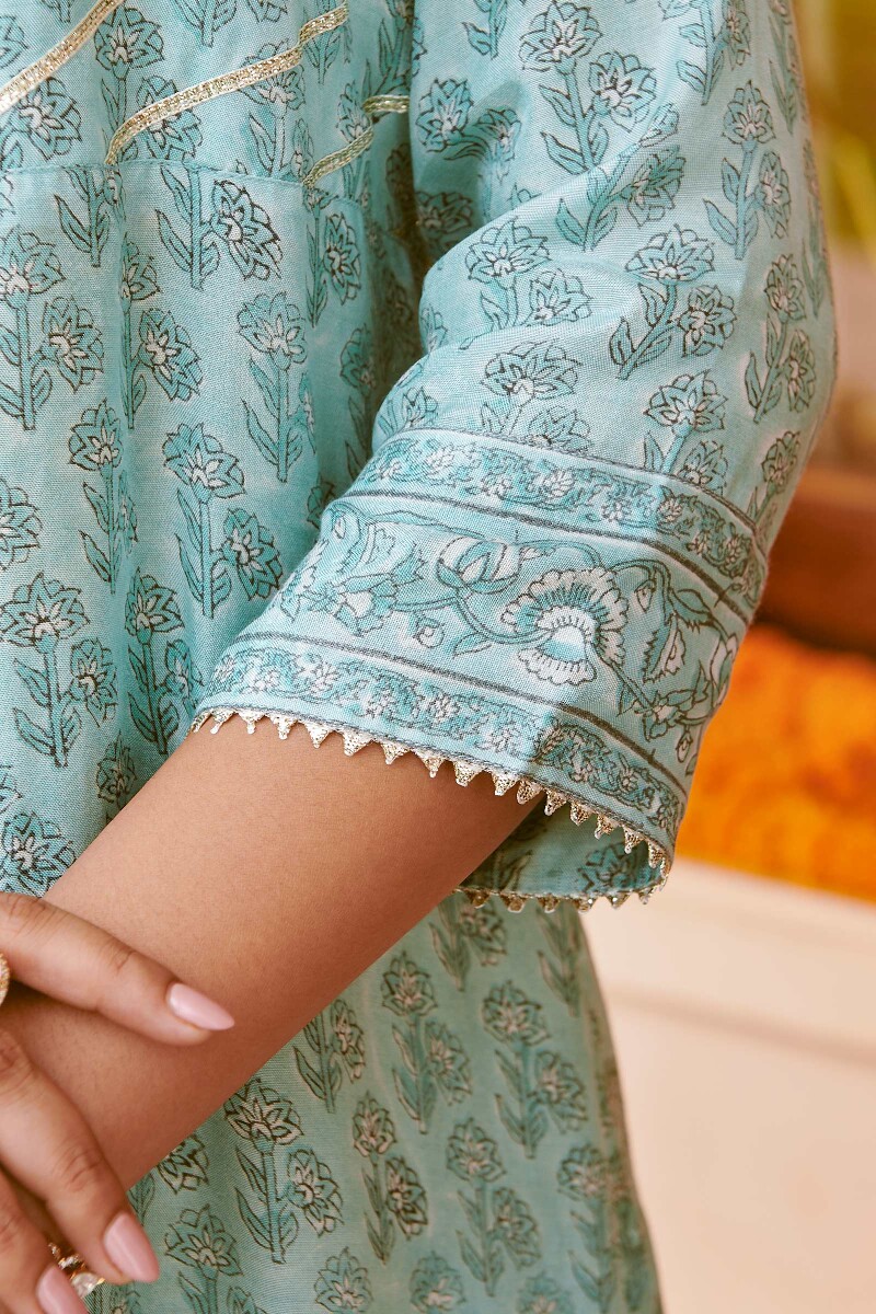 Blue Hand Block-Printed Straight Viscose Kurta