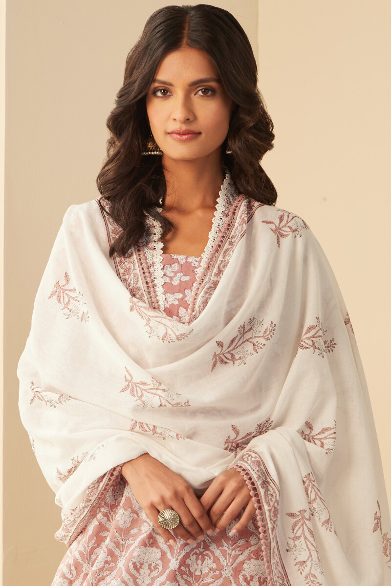 White Hand Block-Printed Cotton Mul Dupatta