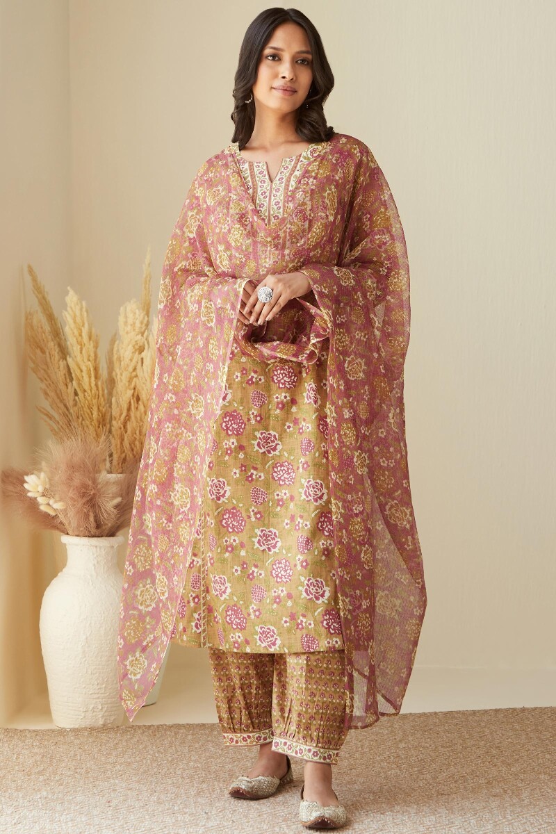 Mustard Hand-Printed Straight Cotton Slub Kurta