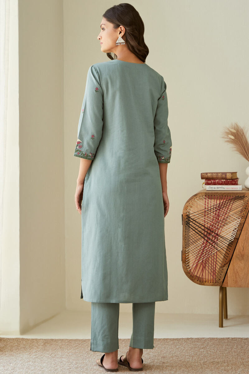 Blue Handcrafted Straight Cotton Flax Kurta