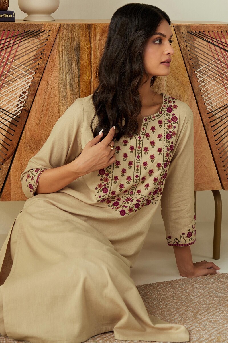 Beige Handcrafted Straight Cotton Flax Kurta