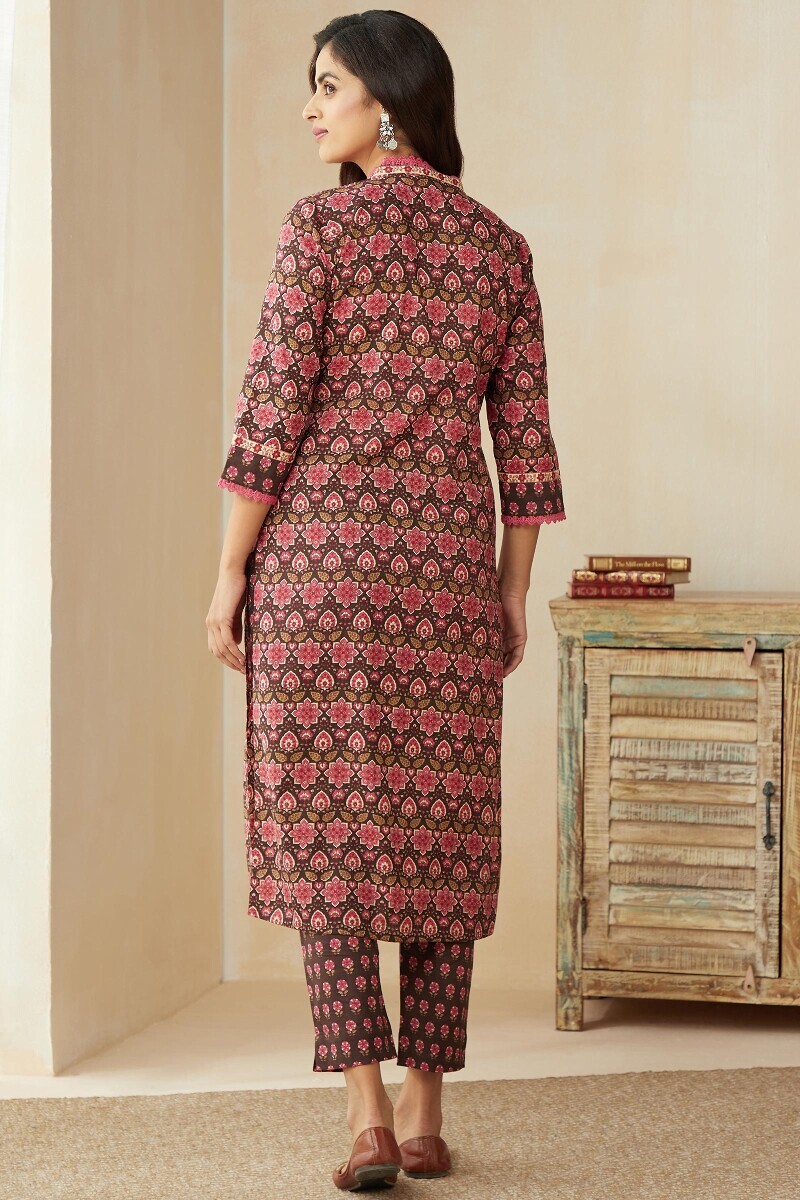 Brown Hand Printed Straight Cotton Kurta