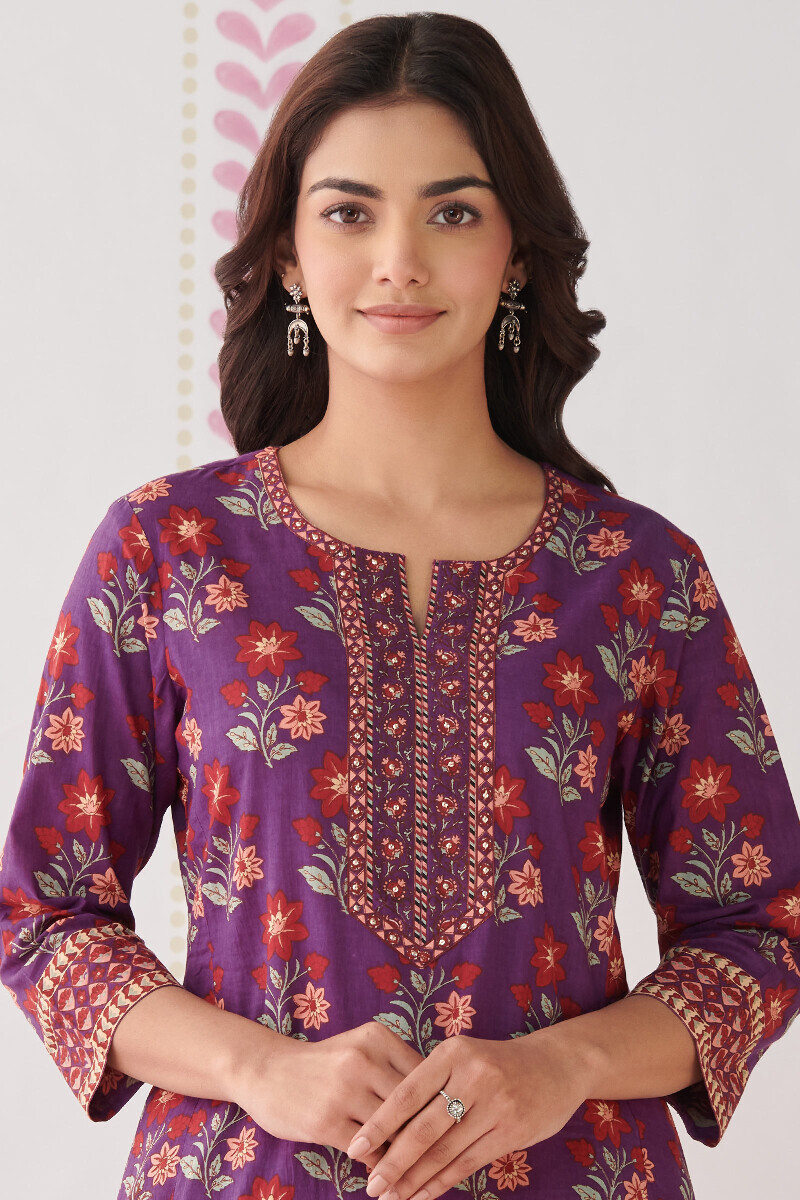 Purple Hand Printed Straight Cotton Kurta