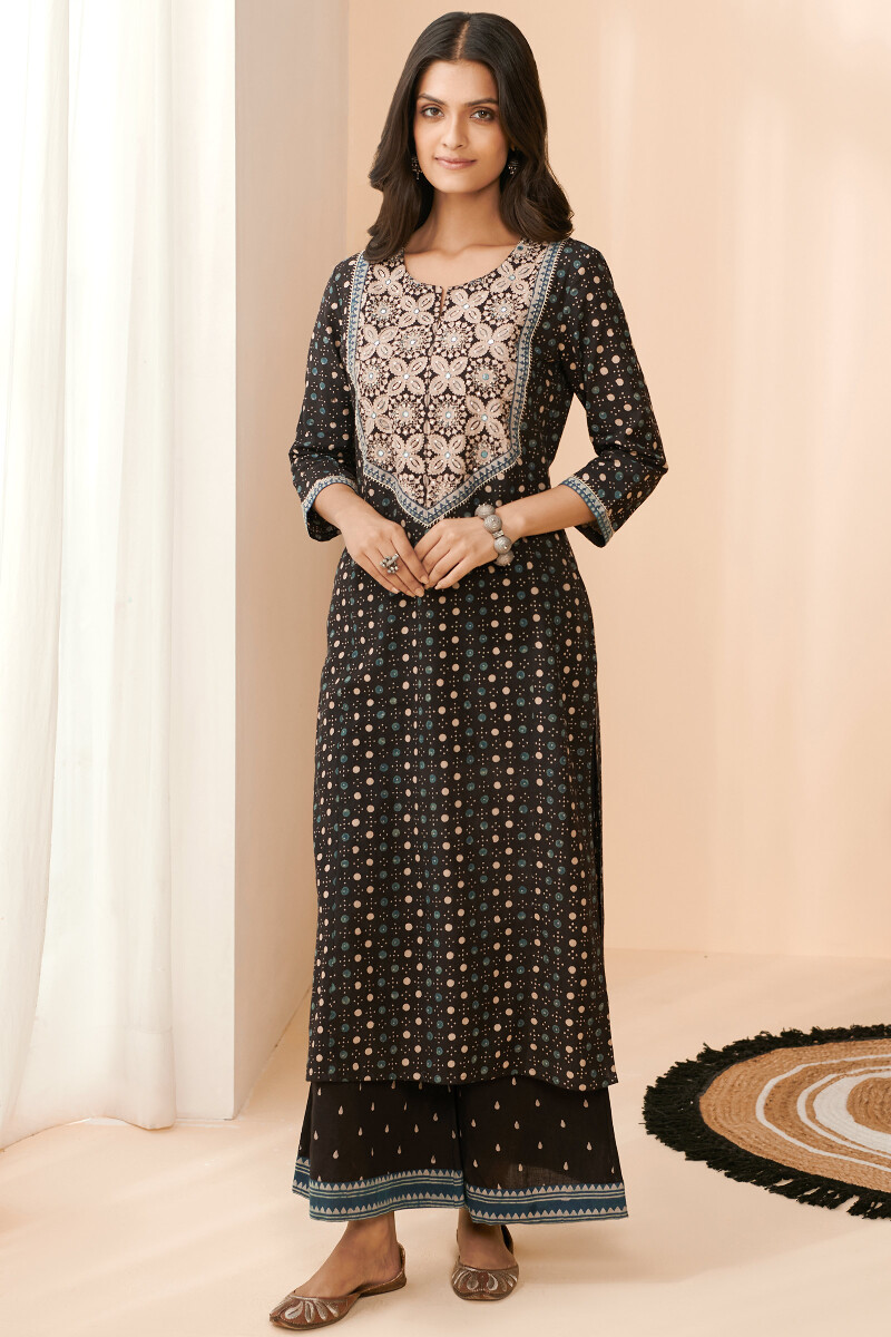 Black Hand Block Printed A-Line Cotton Kurta