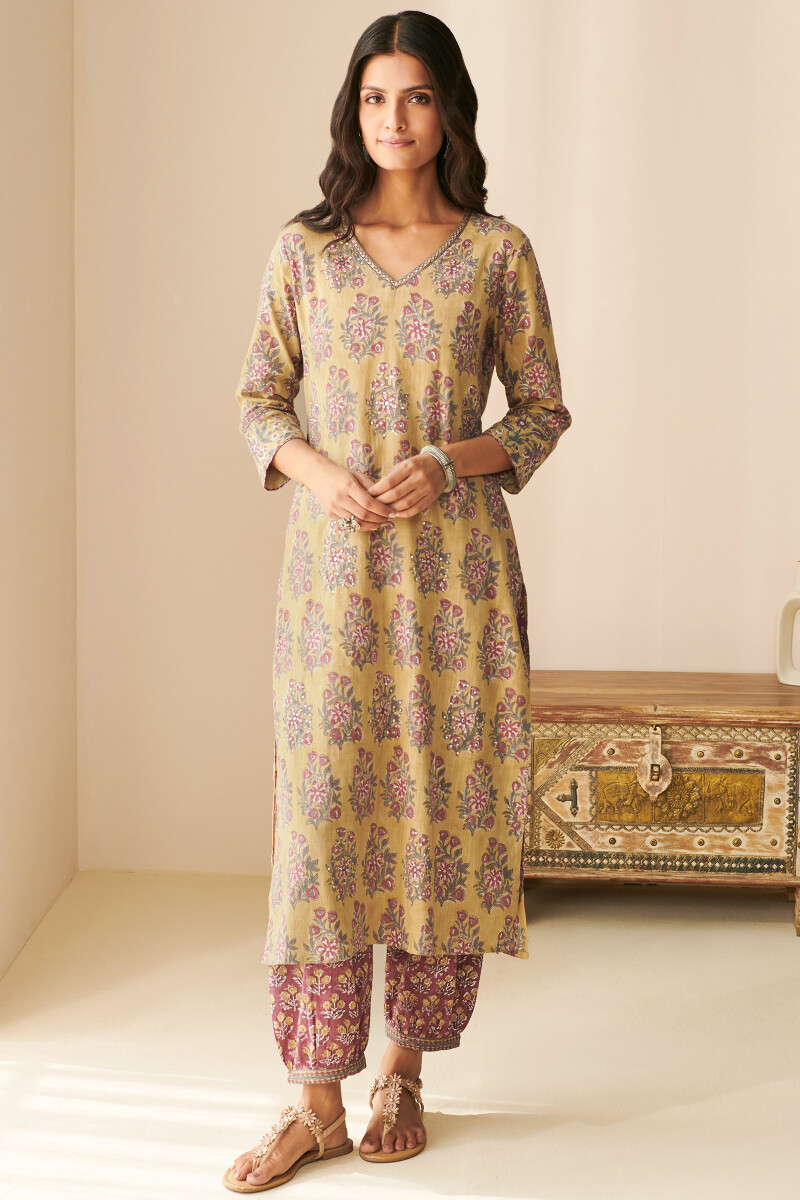 Mustard Hand Block Printed Straight Cotton Slub Kurta