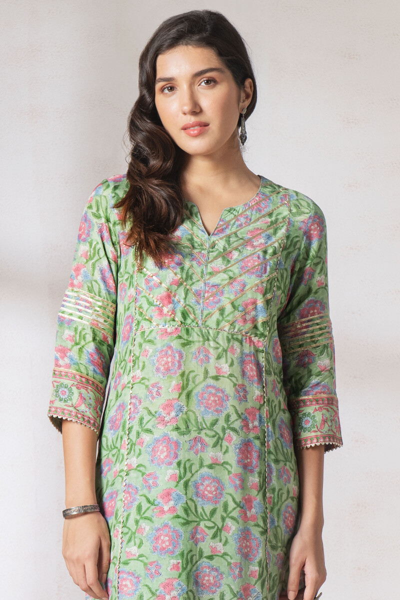 Green Block Printed Straight Cotton Kurta