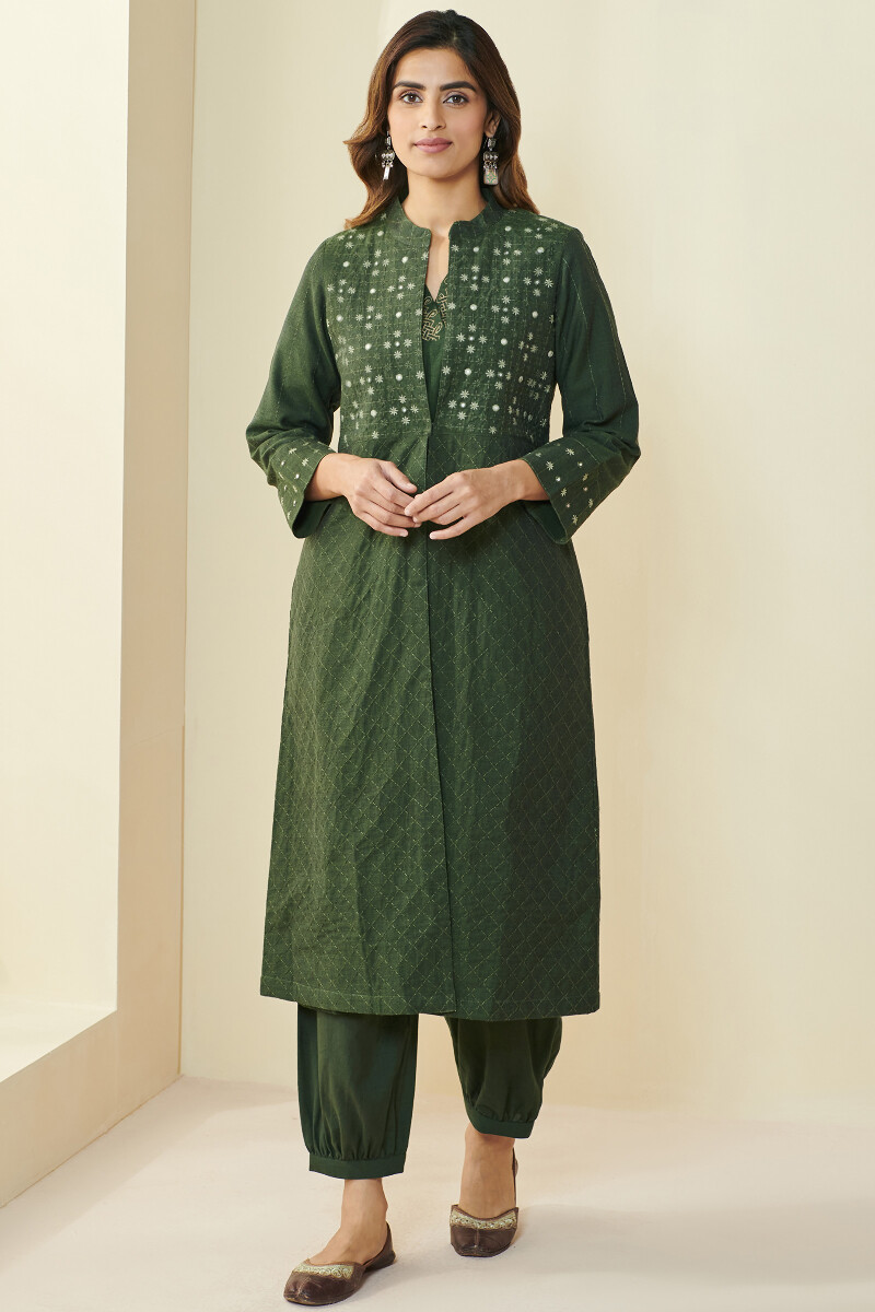 Green Handcrafted Handloom Long Jacket