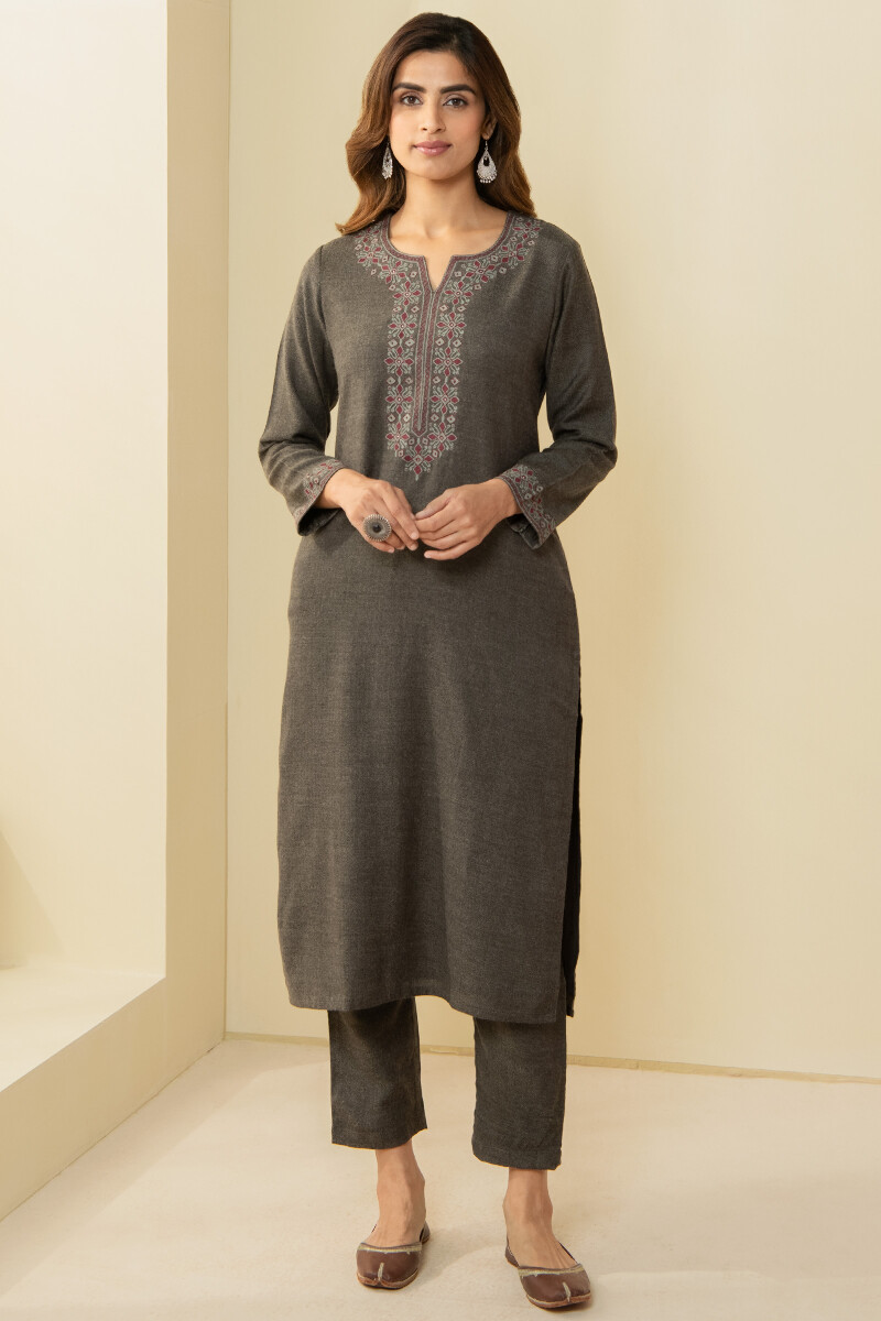 Brown Handcrafted Straight Faux Wool Kurta