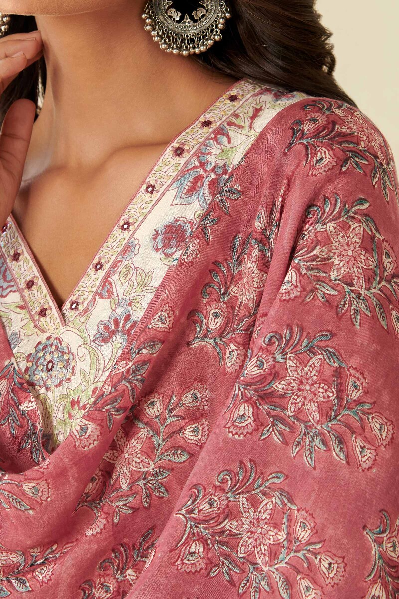 Peach Hand Block Printed Modal Dupatta