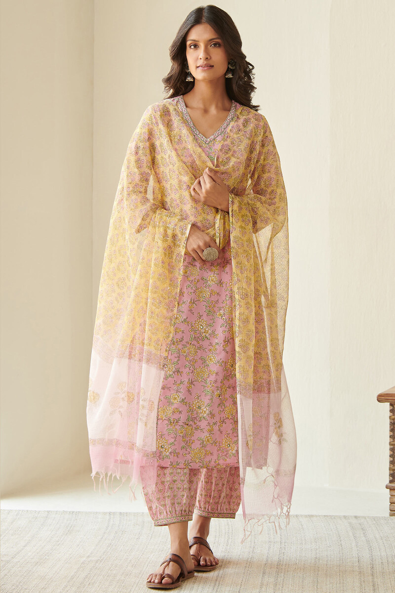 Yellow Hand Block Printed Kota Dupatta