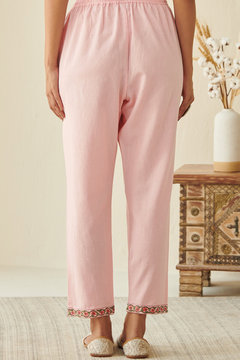 Pink Hand Block Printed Cotton Flax Narrow Pants