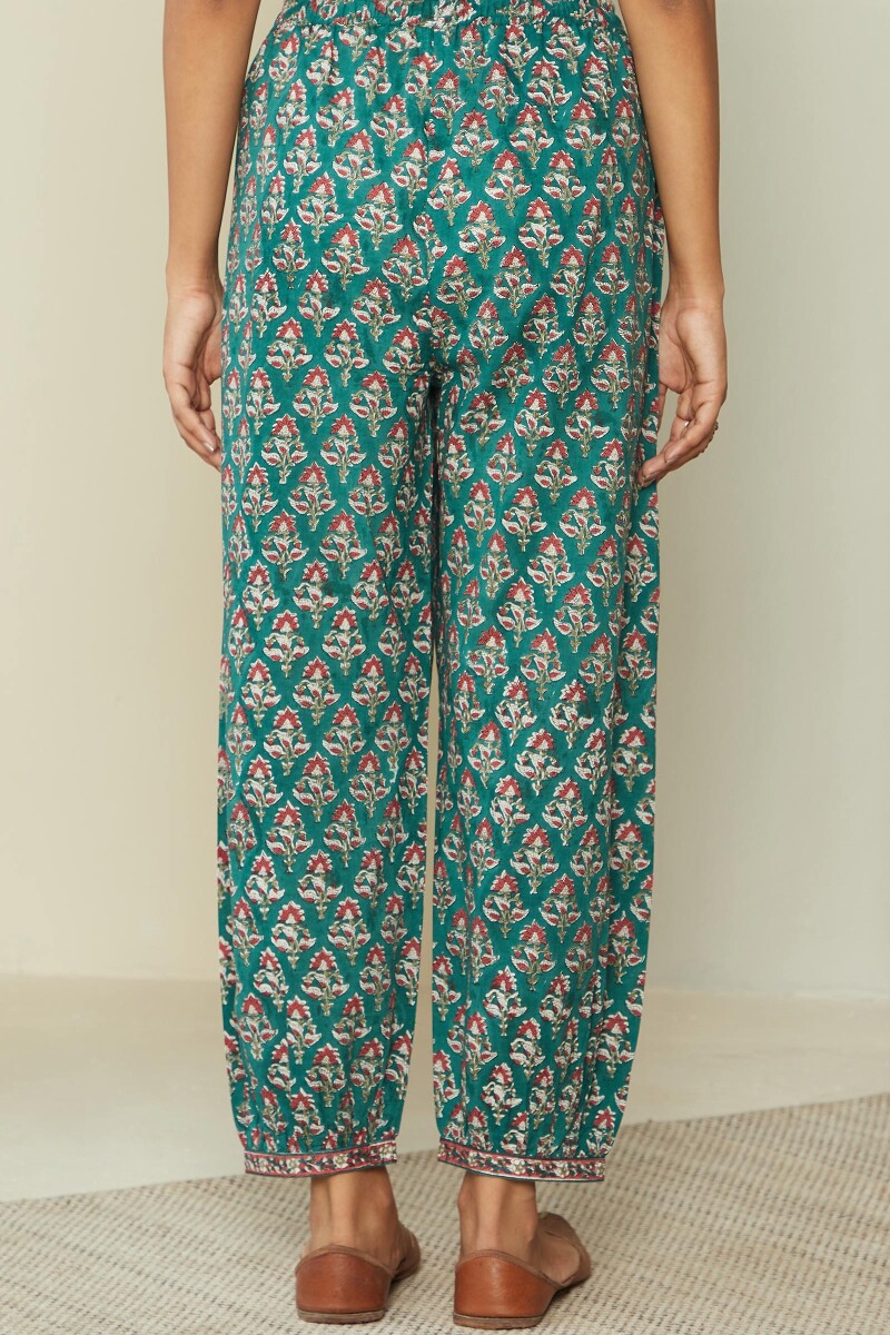 Green Block Printed Cotton Izhaar Pants