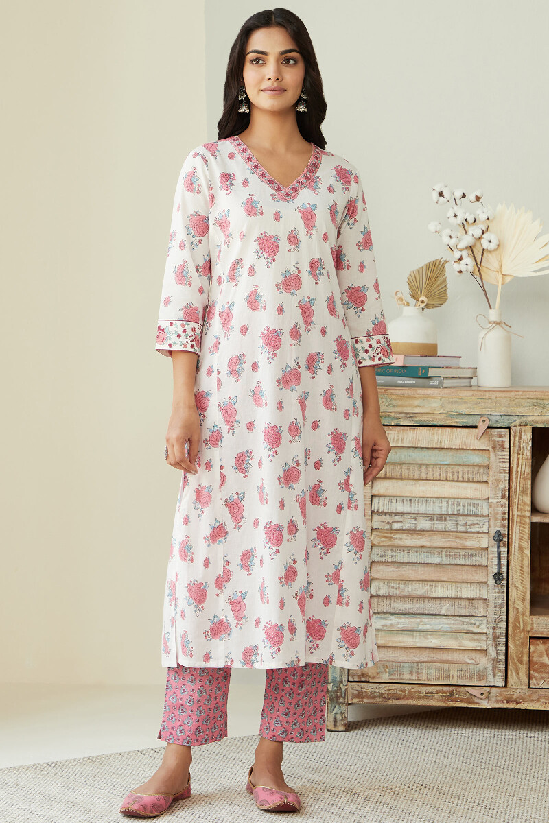 White Hand Block-Printed Straight Cotton Kurta