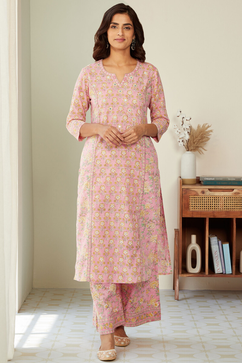 Pink Hand Block-Printed Straight Cotton Kurta