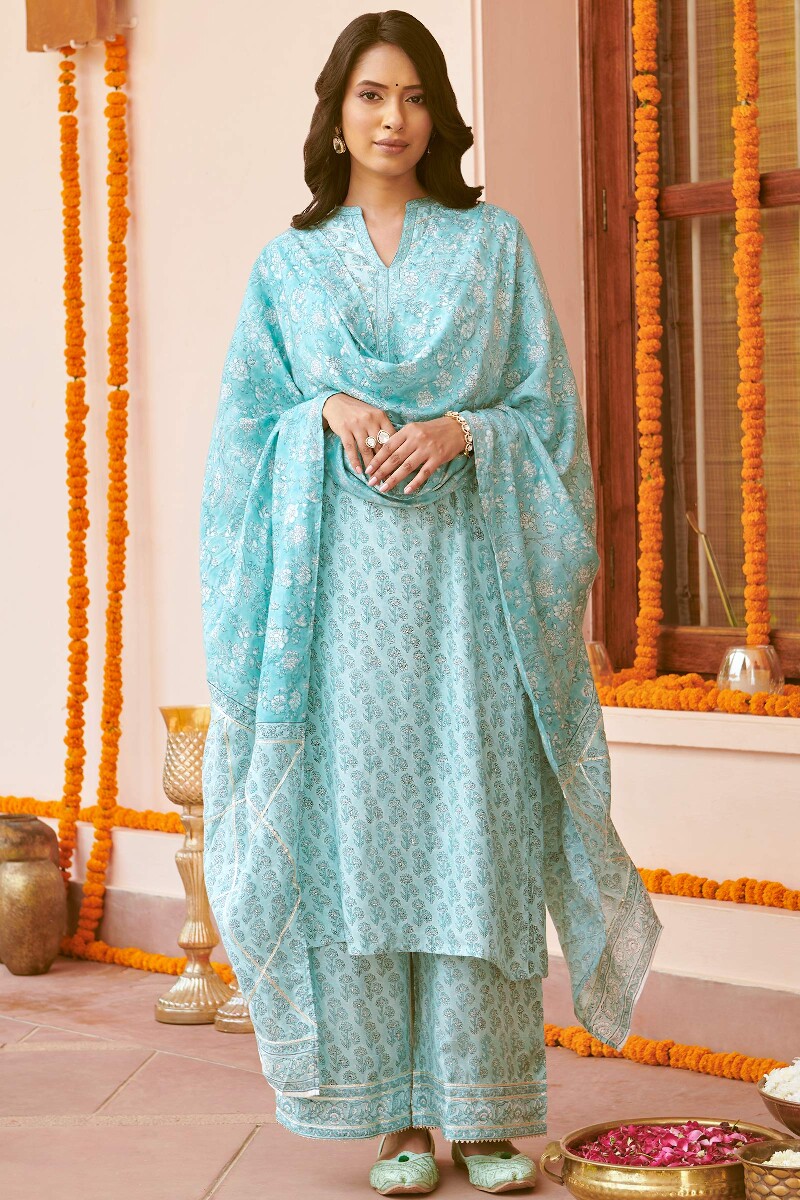 Blue Hand Block-Printed Straight Viscose Kurta