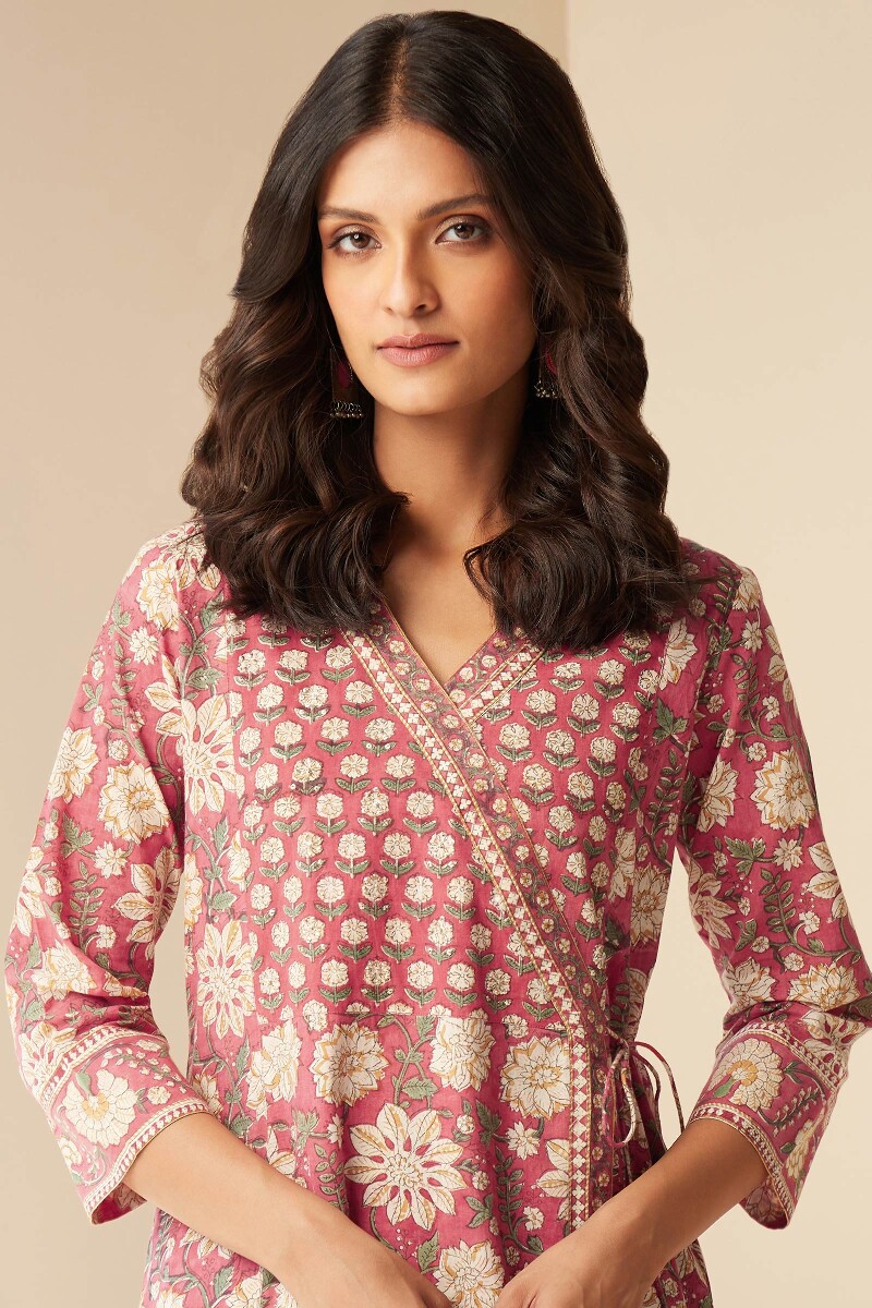 Pink Hand Block-Printed Angrakha Cotton Kurta