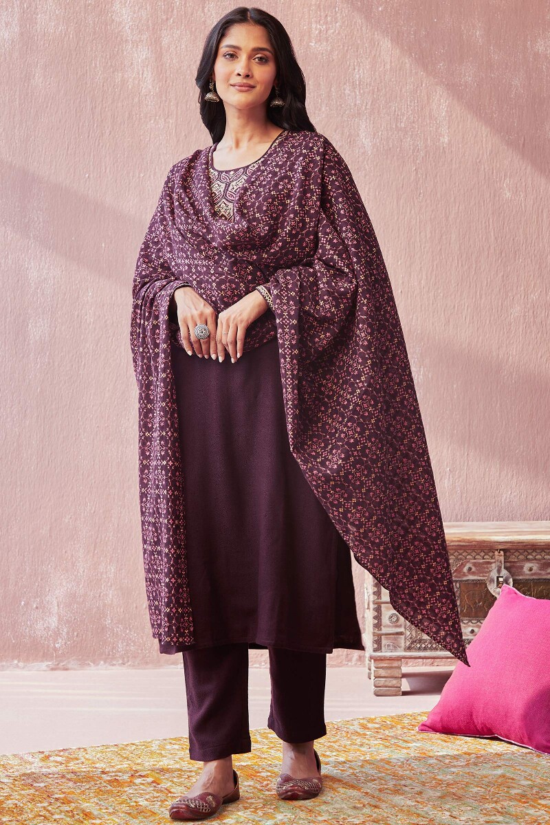 Purple Handcrafted Straight Faux Wool Kurta