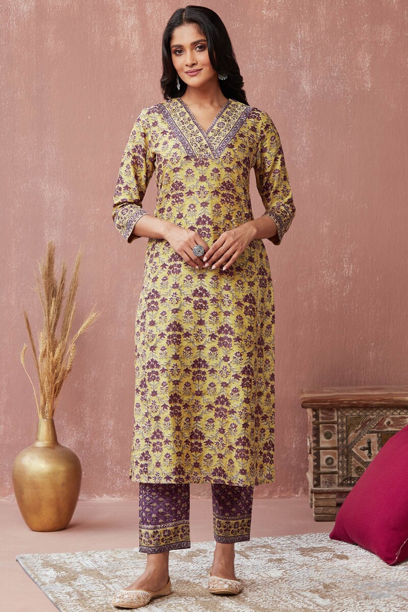 Yellow Hand Block-Printed Straight Chanderi Kurta