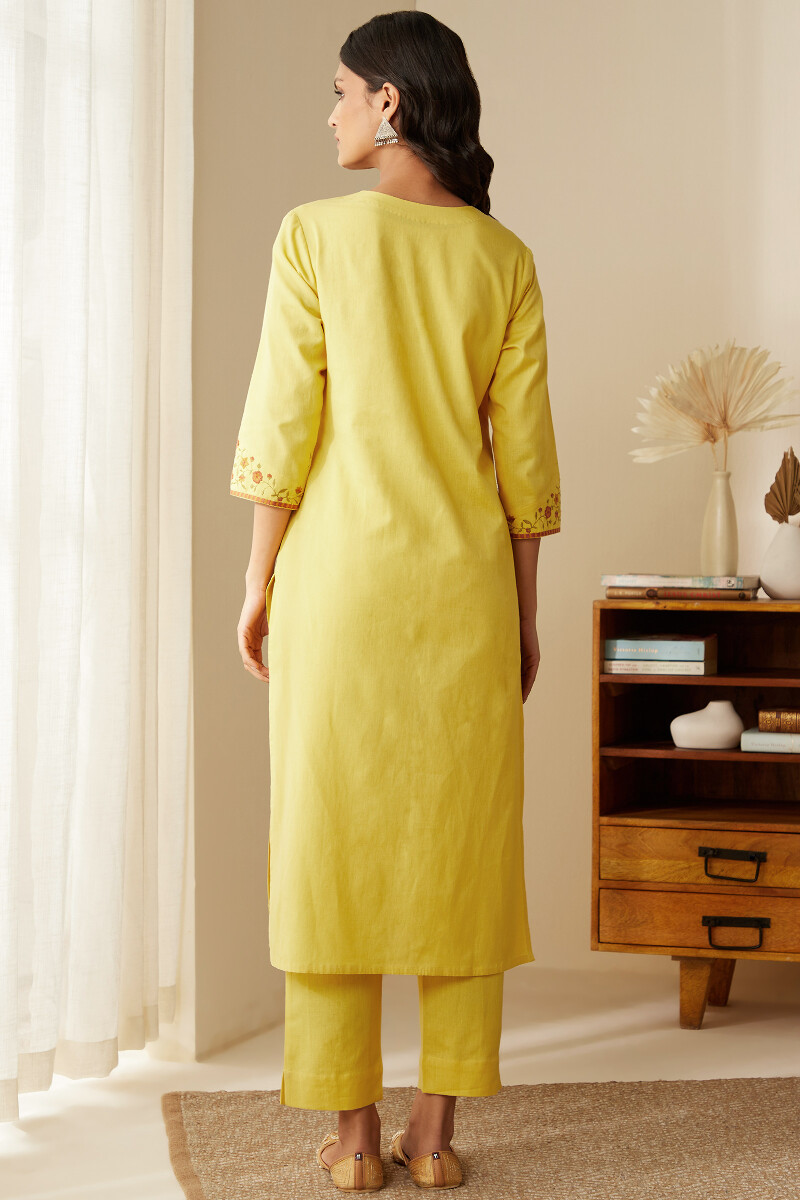 Yellow Handcrafted Straight Cotton Flax Kurta