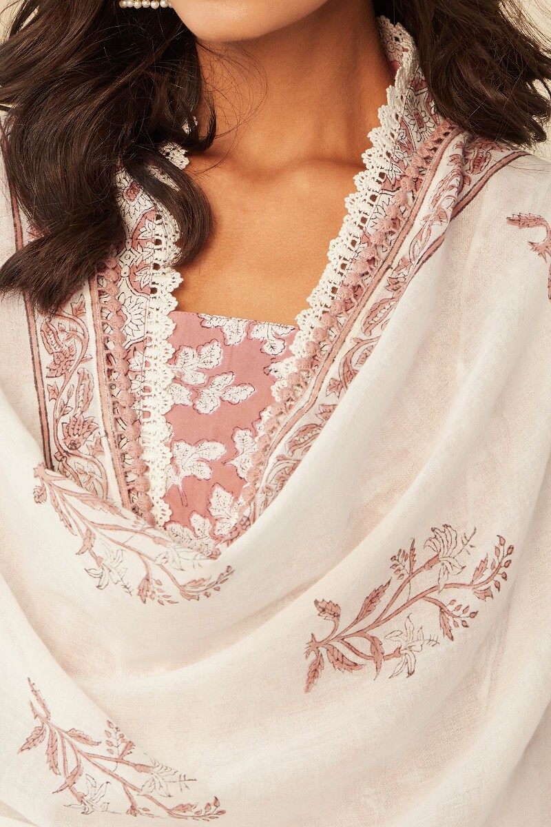 White Hand Block-Printed Cotton Mul Dupatta