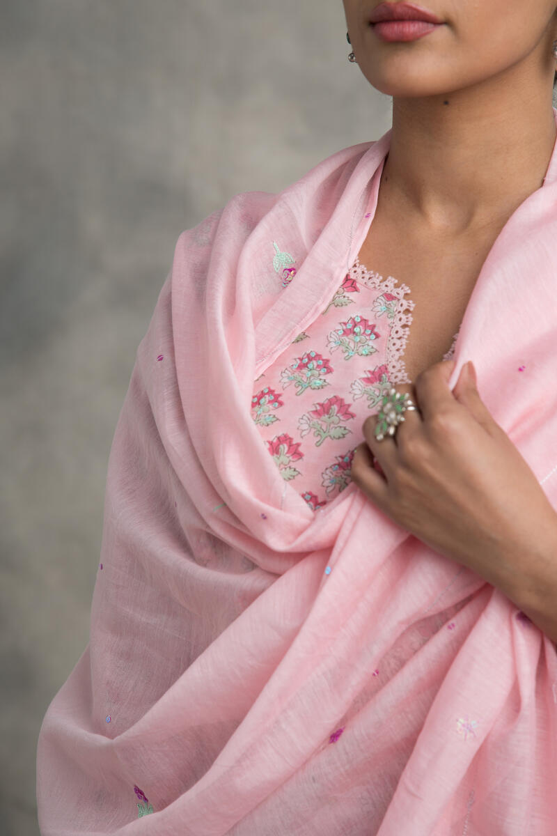 Pink Handcrafted Cotton Silk Dupatta