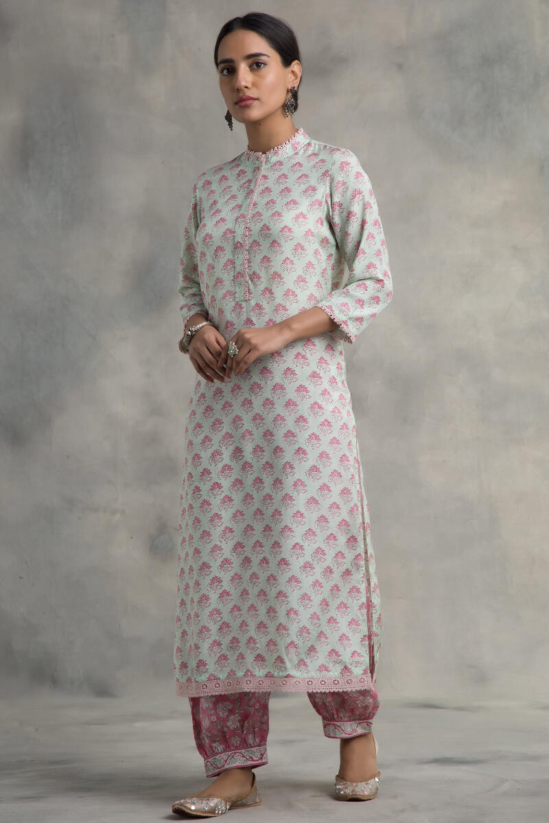 Green Block Printed Straight Muslin Kurta