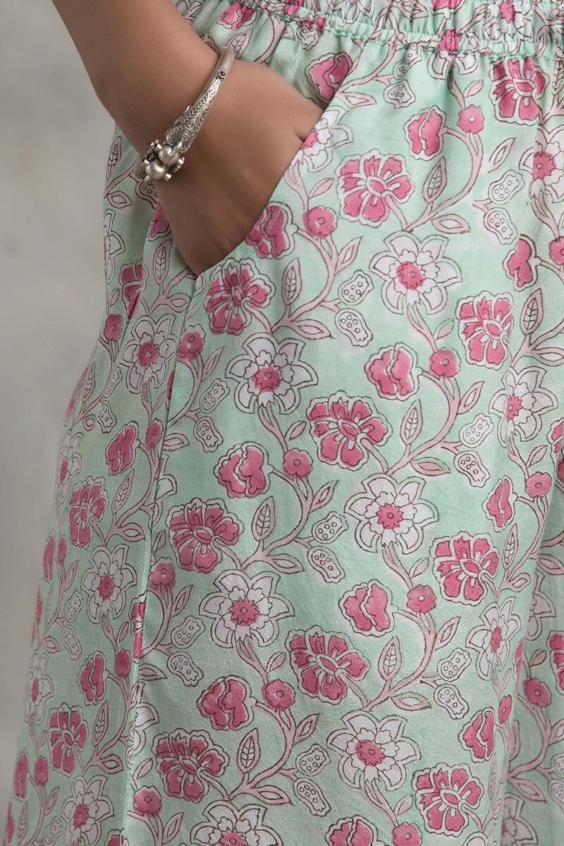 Green Block Printed Muslin Palazzo
