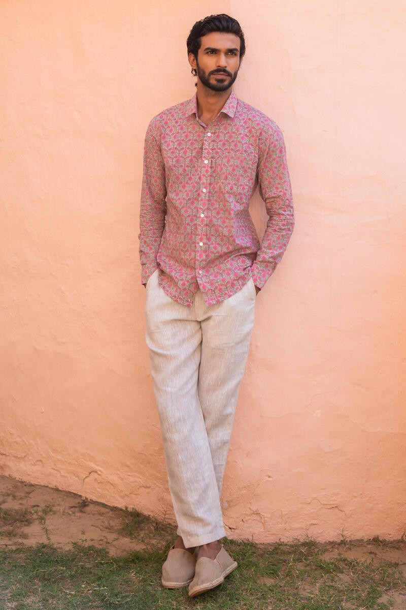 Peach Block Printed Cotton Shirt