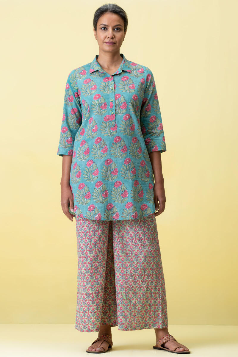 Blue Block Printed Cotton Pyjama Set