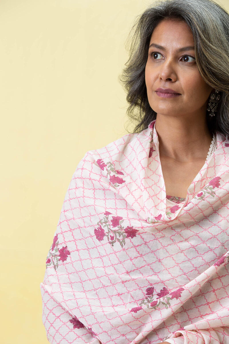 White Block Printed Cotton Dupatta